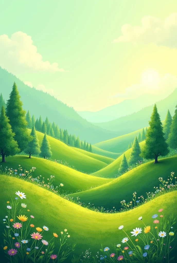 Please help me create a 16:9 landscape background image, the main color is green, very artistic and eye-catching, creating a pleasant feeling, used to make cards.