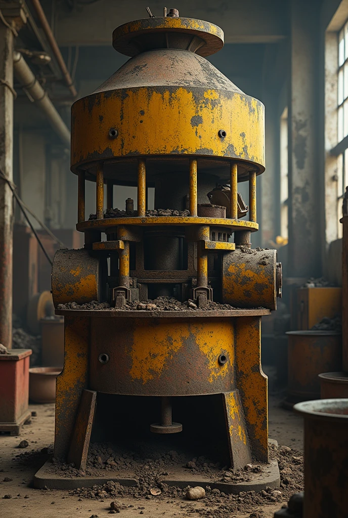 A broked and old expeller machine falling oil yellow in India in a factory