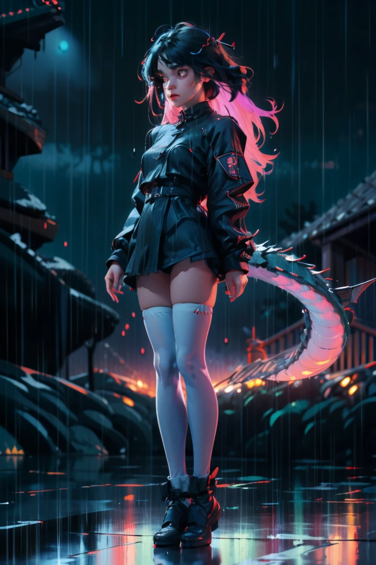 uhd, textured skin, good quality, High details, ​masterpiece, best quality, high detail face, (Amazingly absurd:1.2), (​masterpiece:1.2), fluffy, 1 Girl, standing, Dragon ears, Dragon wings, dragon tail, Dress with ruffles, glowing eyes, shining hair , Whole body love, very long hair, hair ribbon, black kneesocks, full body, Kawaiitech, soft colours, Kawaii, Beautiful colors, (Rain:1.5), (Wet:1), (Night:2), (land:2),