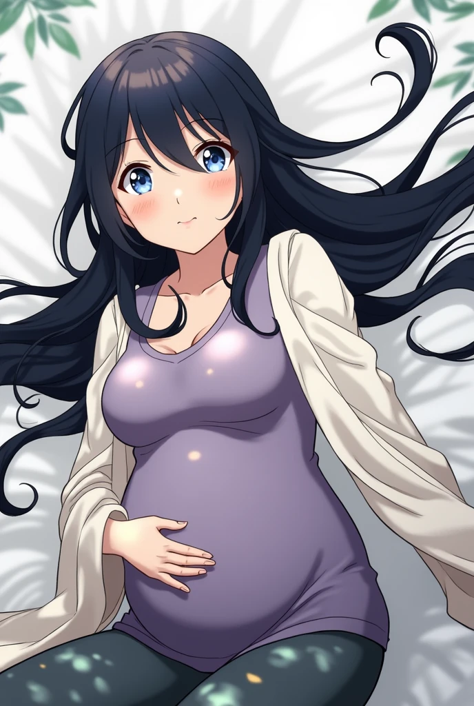 Hinata Hyuga from anime Naruto, long hair, big breast, pregnant, relaxed forest background, gentle smile
