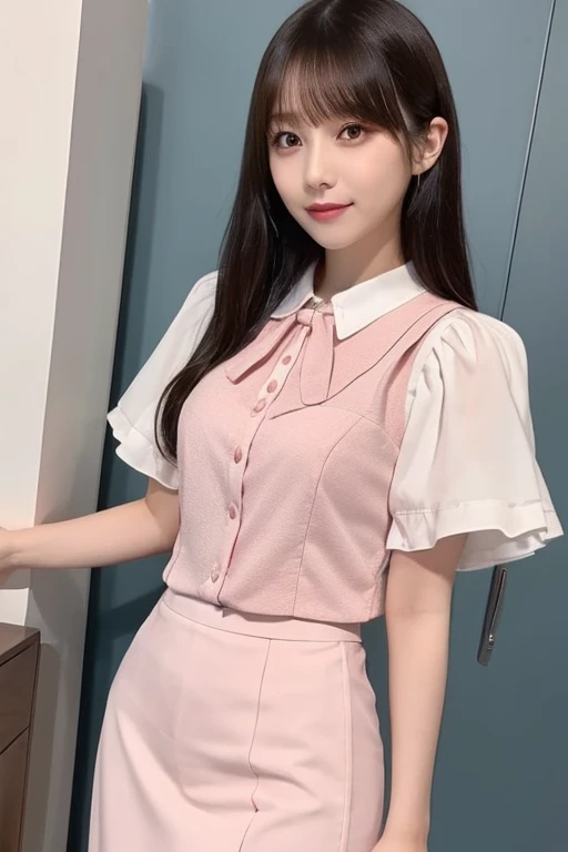 4K, LDR, best quality, masterpiece, high detail, super high resolution, digital photography, film lighting, perfect light, studio lighting, front lighting, (fujifilm color: 1.2) portrait, wide viewing angle, professional, (photography: 1.2), (dynamic pose: 1.1), (close-up), looking at the audience, 1 girl, solo, big smile, delicate face, clear facial details, medium breasts, wide hips, classic wavy long hair, (FSB: 1.3, Frosuke: 1.3)), (white shirt), (pink bra)), bow, (light pink pleated skirt), school uniform, short sleeves, bangs, outdoor, collared shirt, sitting in the library with bookshelf in the background