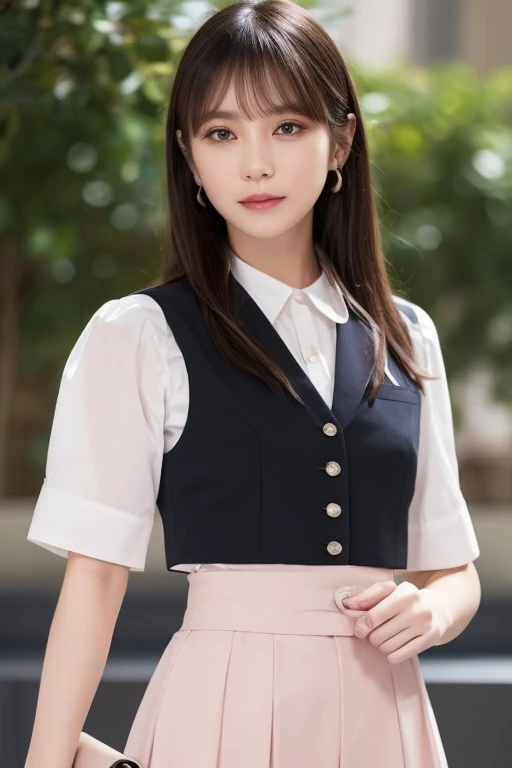 Japanese adult beauty、20th Generation、Black lob hair、Light pink vest and tight skirt(Summer use)、White short-sleeved blouse、A tight waist that can be seen even through clothes、Glamorous Boti、