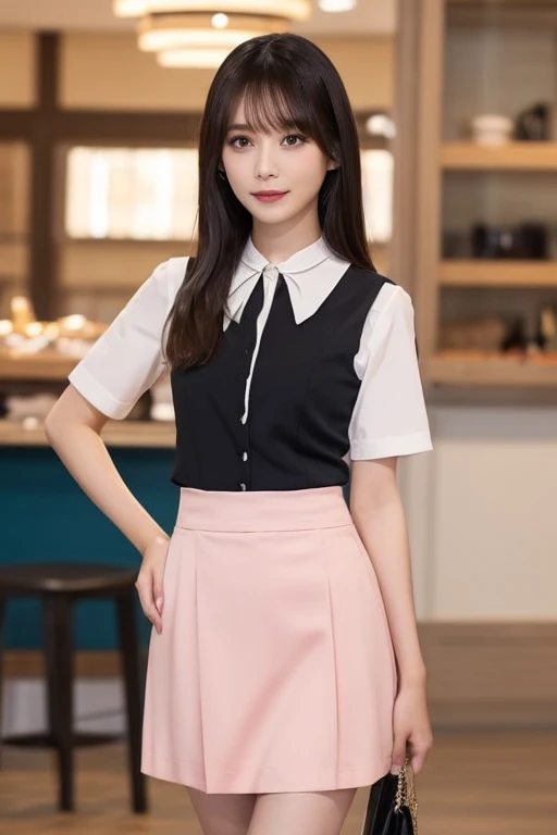 Japanese adult beauty、20th Generation、Black lob hair、Light pink vest and tight skirt(Summer use)、White short-sleeved blouse、A tight waist that can be seen even through clothes、Glamorous Boti、