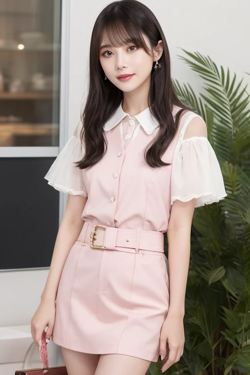 Japanese adult beauty、20th Generation、Black lob hair、Light pink vest and tight skirt(Summer use)、White short-sleeved blouse、A tight waist that can be seen even through clothes、Glamorous Boti、