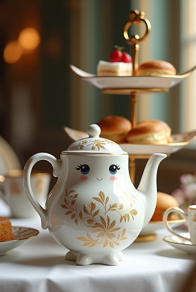 Ceramic teapot in the shape of an anime girl, Gold embroidery, Afternoon Tea, Afternoon tea stand, sandwiches, scones, Tablecloths, British Royal Palace