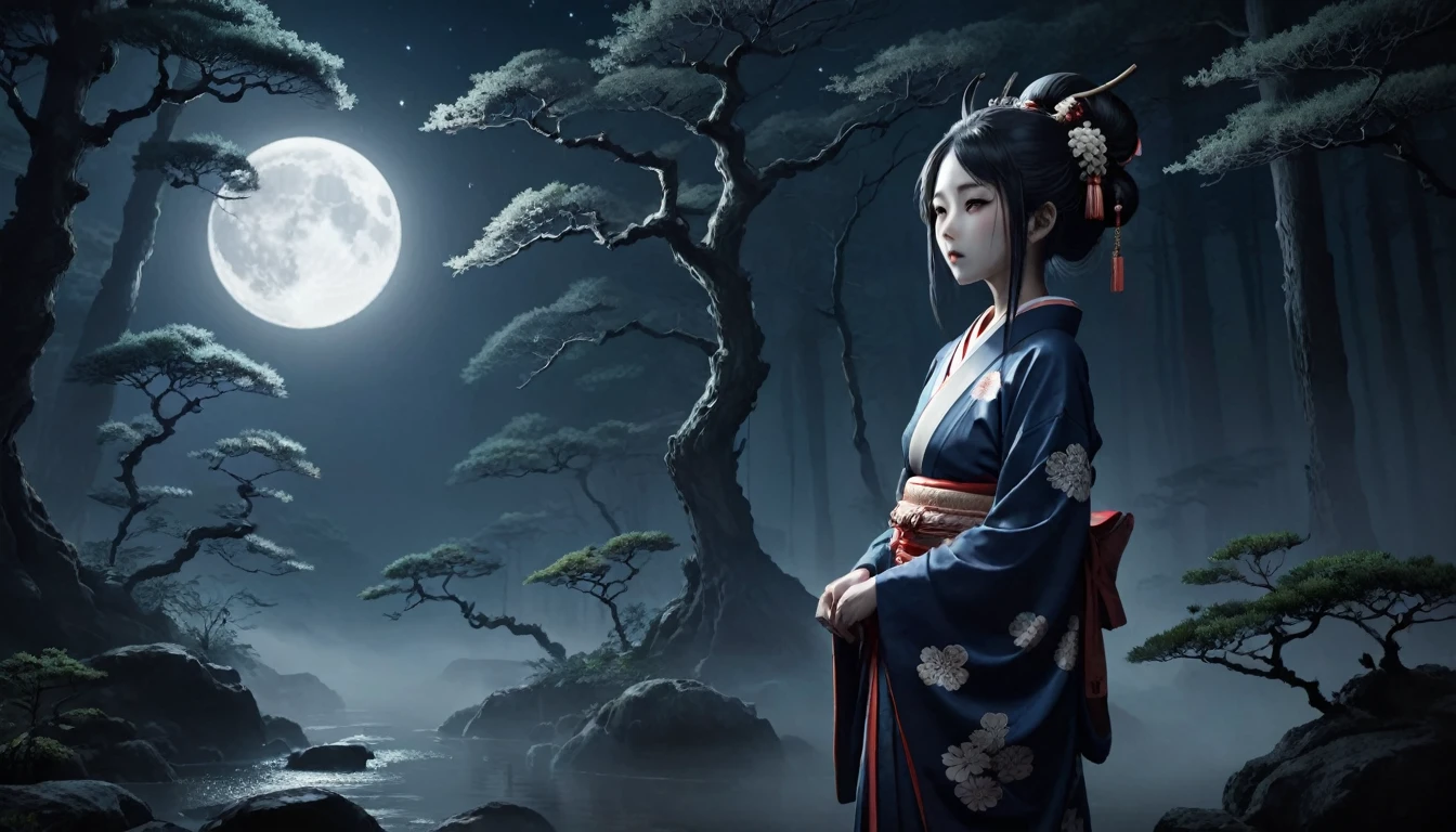 "Create a beautiful image, legendary creatures from japanese folklore. Liuliubi behaves like a normal person during the day, But at night, Her neck stretched to incredible lengths. Depicting her wearing traditional Japanese clothing、Neck looks slender. The environment should be dark, Weird environment, Maybe an old Japanese house or a moonlit forest. Incorporating Japanese traditional art elements and supernatural mystery."