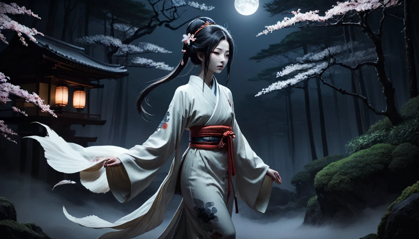 "Create a beautiful image, legendary creatures from japanese folklore. Liuliubi behaves like a normal person during the day, But at night, Her neck stretched to incredible lengths. Depicting her wearing traditional Japanese clothing、Neck looks slender. The environment should be dark, Weird environment, Maybe an old Japanese house or a moonlit forest. Incorporating Japanese traditional art elements and supernatural mystery."