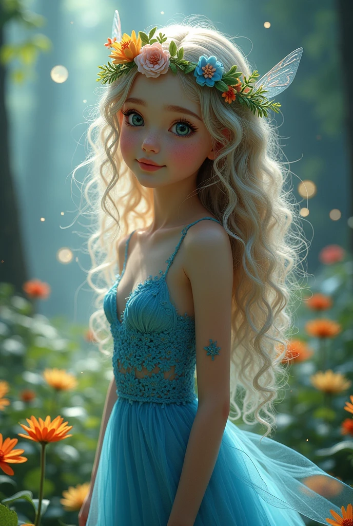 (Photorealism:1.2), Beautiful forest fairy girl,Full Body Focus , She has long shiny hair and skin, Curly hair and a flower crown on her head, She has a very detailed and super intricate face and a cute smile, Beautiful Blue, fluffy, soft, Flared dress.,The background is very clear and beautiful with forest flowers and trees.,The hair looks very beautiful in the light,A mysterious masterpiece with hologram shots,