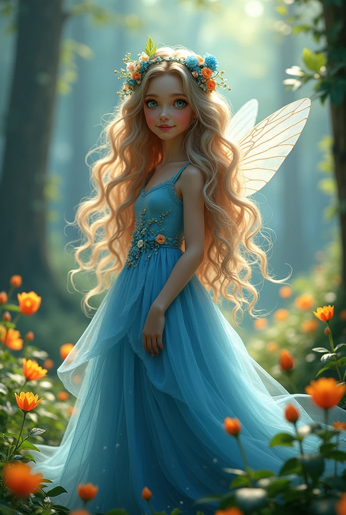 (Photorealism:1.2), Beautiful forest fairy girl,Full Body Focus , She has long shiny hair and skin, Curly hair and a flower crown on her head, She has a very detailed and super intricate face and a cute smile, Beautiful Blue, fluffy, soft, Flared dress.,The background is very clear and beautiful with forest flowers and trees.,The hair looks very beautiful in the light,A mysterious masterpiece with hologram shots,