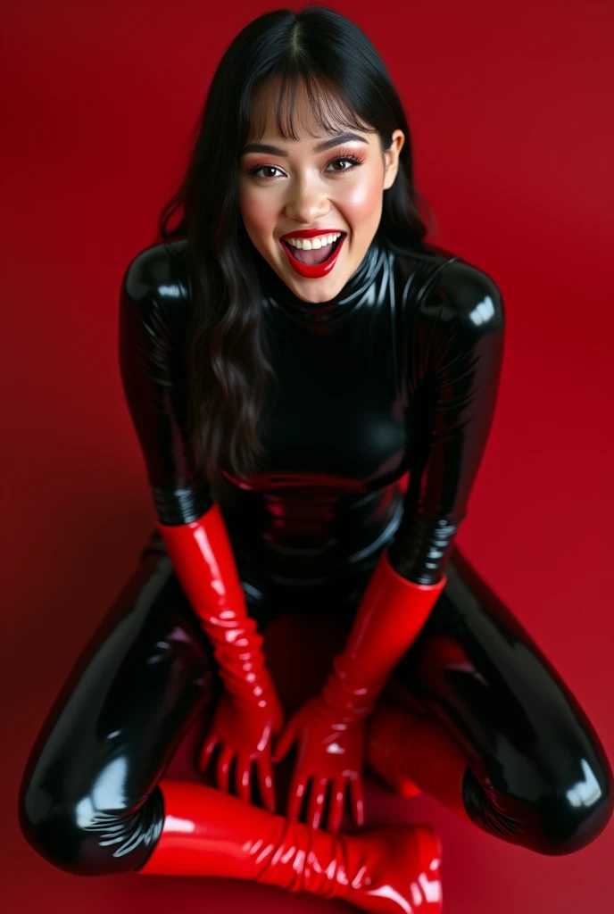 A happy 1 girl in black latex bodysuit, red latex gloved and red boots. Her  are flat. top down POV on the sitting on the floor with her mouth open