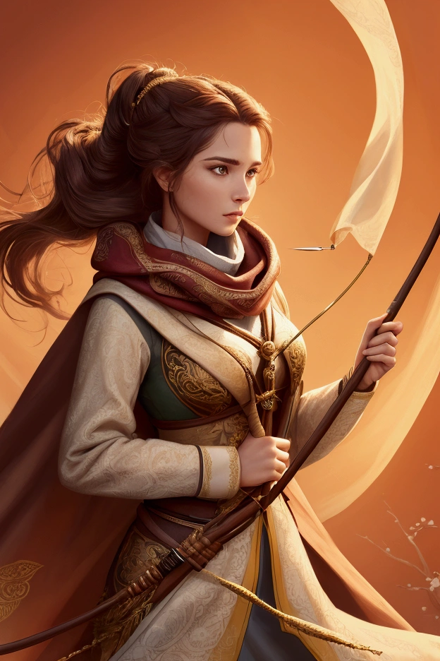 portrait of a woman wearing a historical archer outfit, she is holding an arrow and bow in her hands , a majestic cape flowing behind her back, her hair is covered by a glorious scarf with ornate patterns, realistic, dynamic pose , medium shot image, long shot image, character design with digital painting style , digital art, game art
