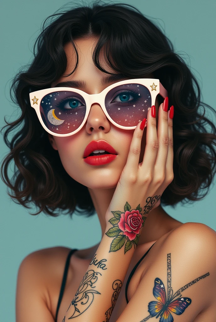 The model is wearing glass sunglasses with stars and the moon on the glass A Rose tattoo on hand decorated with designs and butterfly with the word 26/09/1995 Libra girl 