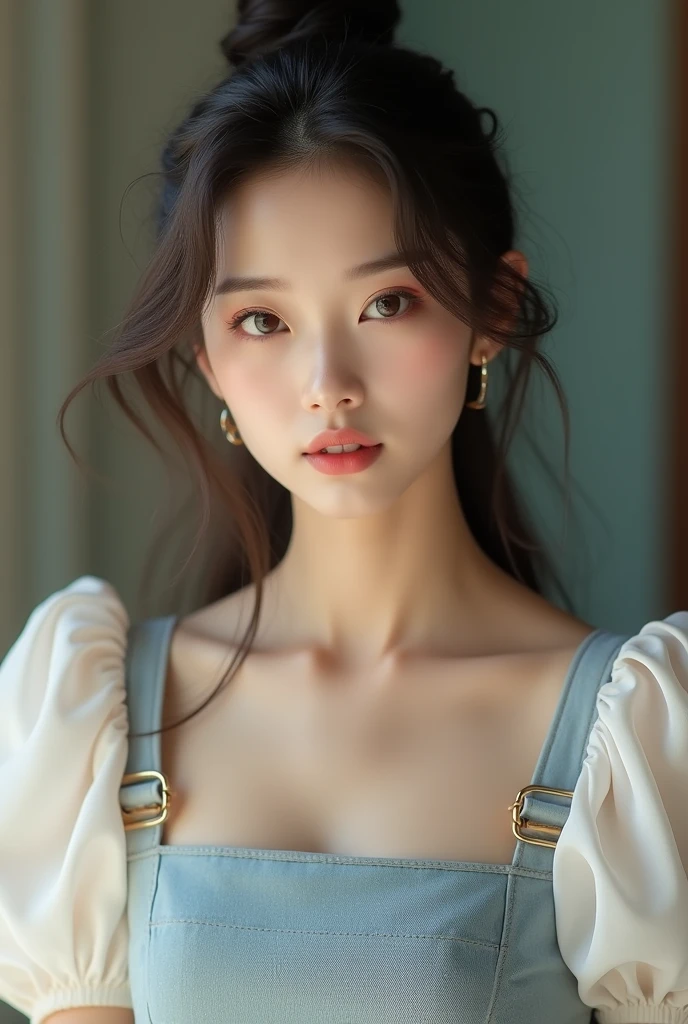Gentle and charming Chinese beauty, Half-length photo, Exquisite and sexy clavicle, Charming oval face, Double eyelids, Lively peach blossom eyes, Pink lips, Small nose, Bare shoulders, focused face, Close-up of face, Ultra HD, Super Detail, elegant standing posture, Korean style puff sleeve square collar slim short shirt, Paired with a high waist light denim suit