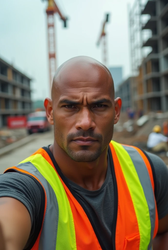 Indonesian muscle man called Dikin, bald, strong jawline, selfie, on construction site, wear safety vest