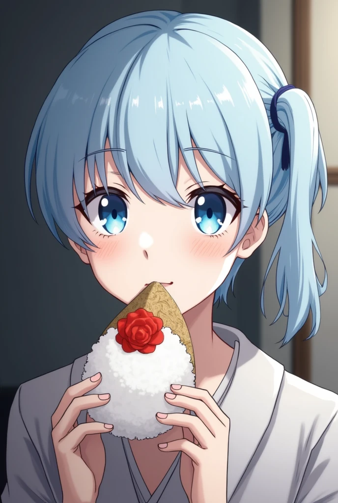 light blue hair, short hair, there is a ponytail on the side of the hair,hair below is light brown,blue eye color, female, white skin color, eating onigiri,kimetsu no yaiba eps 8 season 3
