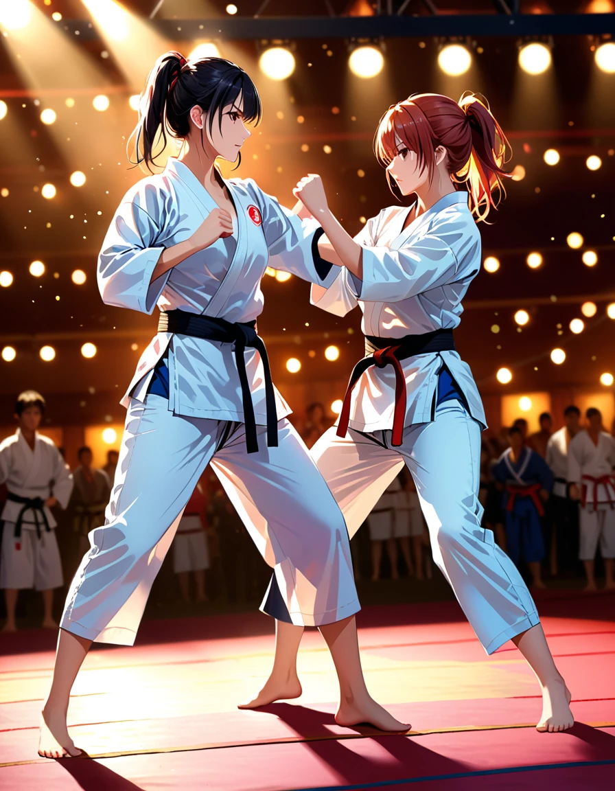 2 sexy girls fighting in a stage, both wearing karate gi, 4k quality, very detailed, bokeh, great lighting, very sexy, slightly sweating, very serious faces. full body shot