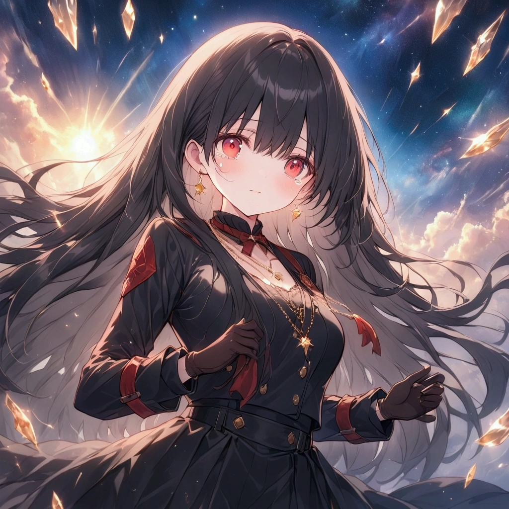 ((Fantasy　Black Hair　Long Hair　Dull red eyes　Hold the knife　uniform　Lonely　despair))　((necklace　tears　gloves))　(Broken glass　magical sky　Distorted Space-Time　star　moon)　Catch the wind　autumn　Shining Background　Particles of light
