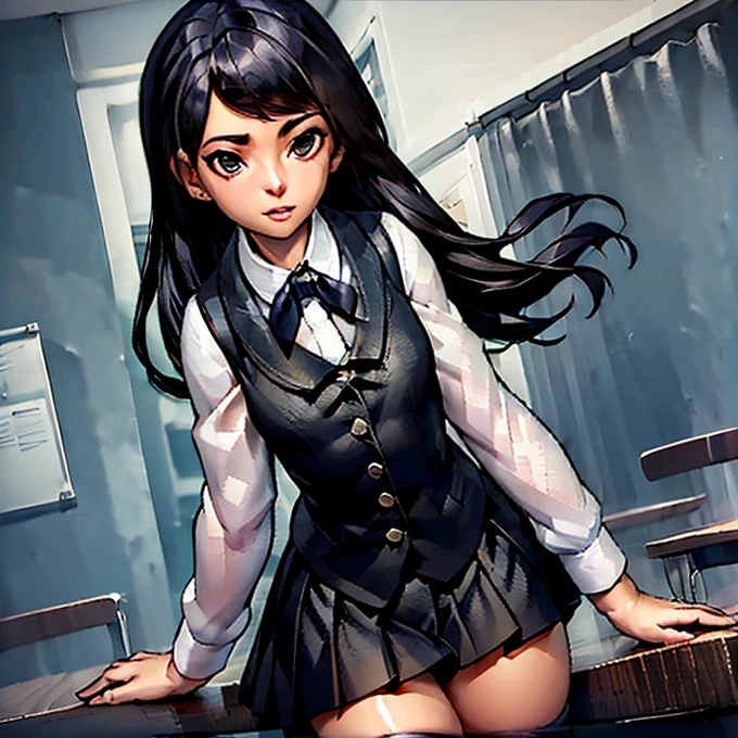 masterpiece, high quality, girl in school skirt and white tights, beautiful figure, slender legs, thin waist, black hair, shirt & vest, stands in the classroom, sexy legs, bulging big breasts, The girl lifts up her skirt