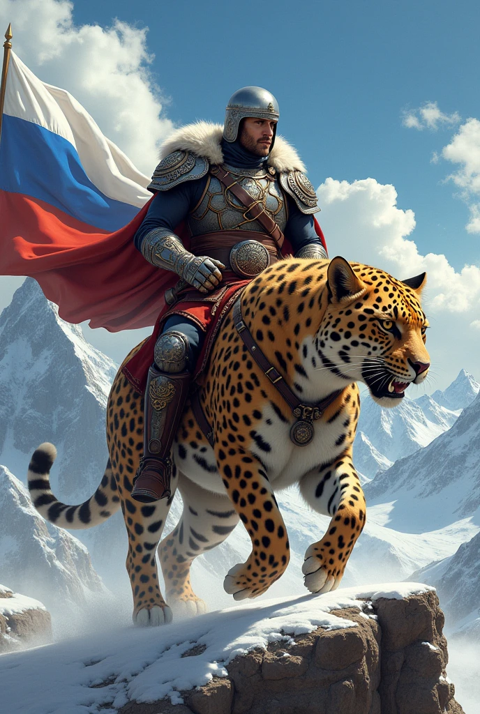 handsome man. In a helmet in a warrior costume. Riding a leopard, and behind her there is a Russian flag. And behind there are mountains.