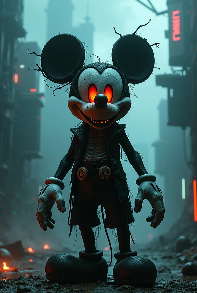 satanic mickey mouse, cyberpunk, horror, twisted, dark, sinister, deformed, distorted, ominous, disturbing, nightmarish, haunting, macabre, grim, eerie, unsettling, creepy, ominous, surreal, dark fantasy, gothic, dystopian, industrial, futuristic, neon lights, glowing, high contrast, cinematic lighting, moody, atmospheric, chiaroscuro, detailed, hyper realistic, masterpiece, digital painting, concept art, illustration, by tim burton, award winning art, octane render, unreal engine