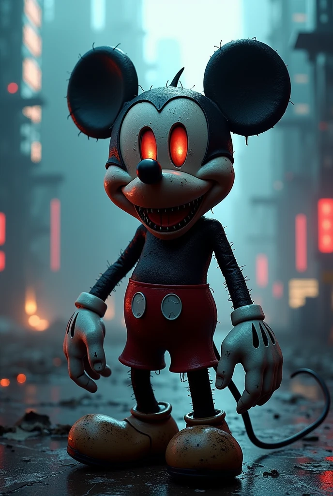 satanic mickey mouse, cyberpunk, horror, twisted, dark, sinister, deformed, distorted, ominous, disturbing, nightmarish, haunting, macabre, grim, eerie, unsettling, creepy, ominous, surreal, dark fantasy, gothic, dystopian, industrial, futuristic, neon lights, glowing, high contrast, cinematic lighting, moody, atmospheric, chiaroscuro, detailed, hyper realistic, masterpiece, digital painting, concept art, illustration, by tim burton, award winning art, octane render, unreal engine