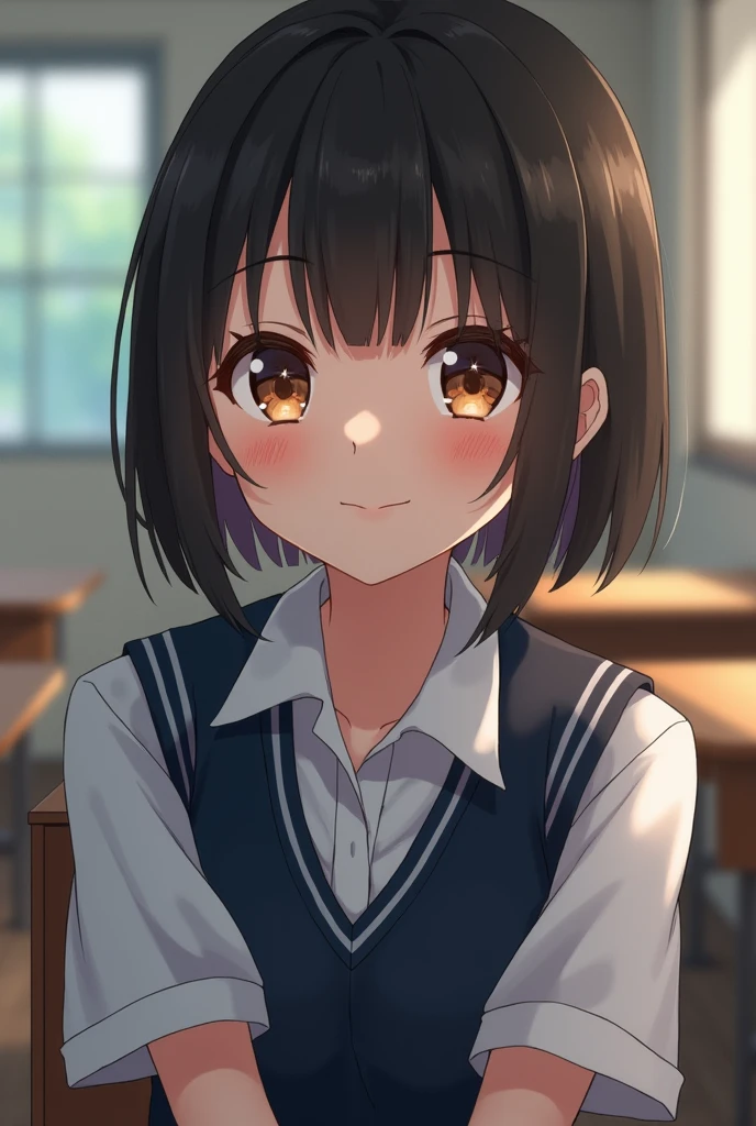 best quality, face focus, soft light, ultra high res, (photorealistic:1.4), RAW photo, 1japanese girl, solo, cute, (shy smile:0.5), (brown eyes, lights in the eyes), detailed beautiful face, (small chest),(high resolution detail of humaorealistic:1.4), RAW photo, 1japanese girl, solo, cute, (shy smile:0.5), (brown eyes, lights in the eyes), detailed beautiful face, (small chest),(high resolution detail of human skin texture), (short bob hair), BREAK, in classroom,navy school uniform, vest, skirt