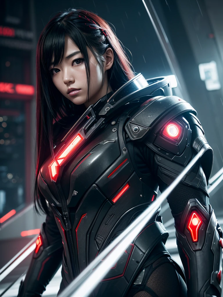 1 Japanese girl, WARFRAME, complex pattern, heavy metal, energy lines, impersonal, sparkling eyes, elegant, intensive, blood red and black uniform, One, modern, city, streets, dark clouds, storm, shower,, dramatic lighting,, (masterpiece:1.2), Best quality, a high resolution, beautiful detailed, extremely detailed, perfect lighting,