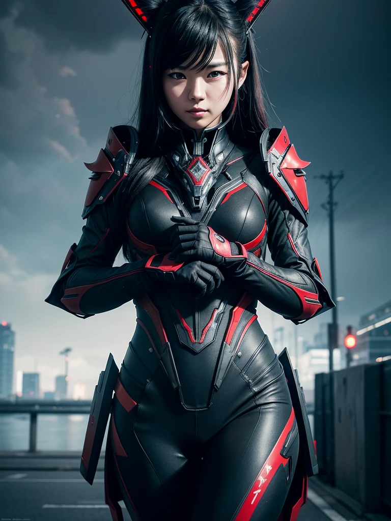 1 Japanese girl, WARFRAME, complex pattern, heavy metal, energy lines, impersonal, sparkling eyes, elegant, intensive, blood red and black uniform, One, modern, city, streets, dark clouds, storm, shower,, dramatic lighting,, (masterpiece:1.2), Best quality, a high resolution,   beautiful detailed, extremely detailed, perfect lighting,