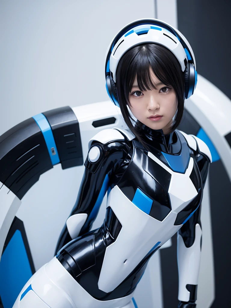 Japanese female android,Black Hair,White and blue robot suit,
