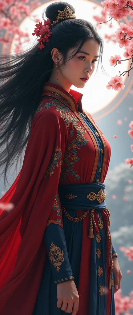 hot chinese girl with peach blossom, wear doctor strange suite, full body, long hair