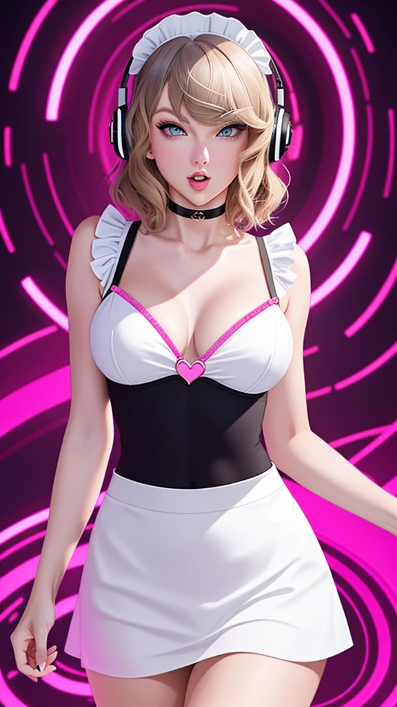 professional detailed (full length) photo of ( Taylor Swift as maid) being (brainwashed by Mind control heart choker), (sexy bimbo maid translucent clothing:1.1), (ultra realistic), (bimbo maid uniform with pencil skirt:1), (Glowing Pink Eyes), (:O), (Brainwashing), (Mind Control), (Mind control device), Hypnosis, Mind Control Collar, fluffy headphones, orgasm smile, joy eyes, eyes open wide, extremely detailed eyes, ((spiral eyes)), Taylor Swift, sexy body, perfect figure, tall curvy slim girl, sexy background