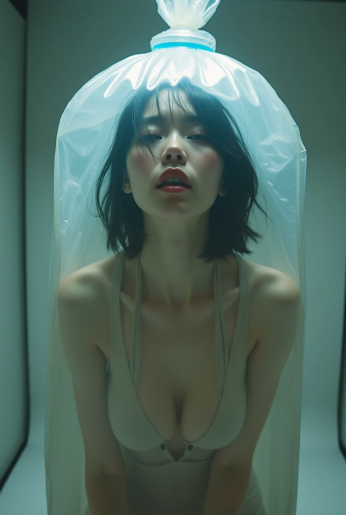 a beautiful japanese woman,Enter vacuum compression bag,Inhale,asphyxia