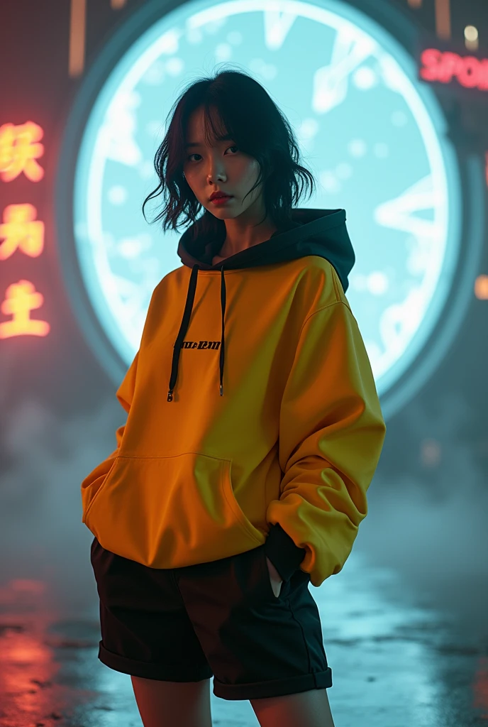 The Masterpiece of photography composition, 4K wallpaper, Masterpiece sci-fi cyberpunk city, fantasy sci-fi, neon glow lights city, ( Subject ( 1girl, A cute japanese women with beautiful hair, wearing an youth stylist oversized hoodie fashion, yellow, black stylist fashion, jumper hoodie and short solid cotton trousers, the hoodie stylist masterpiece.))
( Pose (Relaxed, with dance pose, masterpiece. Medium breast.))
( Setting (ultra realistic, sci-fi theme, A mystic environment, cyberpunk city with neon glow lights and a glow light portal.))
( Face ( absolute detail of face masterpiece, detail skin pores masterpiece, oil skinny, beautiful japanese girl, detail of face.))
( Perfect human body, perfect human fingers)
( Lighting (Dramatic side lighting with a warm and cool light masterpiece, absolute face and body lighting teqnique, sunlit glow and light rays, masterpiece object lighting and detail.))
(detail of absolute futuristic fashion a masterpiece), rahnday style photography, the sense of photography), sea art infinity.)
( Style (Hyper-realistic, cinematic, with a focus on detail and texture, octan render 4K quality masterpiece.))
( Technical Specifications (Shot from a medium long shot, below-up perspective, with a Fujifilm XT-4 with Fujinon 50mm lens at f/1.2.))
(((Additional Notes)
 ( Focus on Key Elements (Emphasize the woman, her clothing, and the dramatic city backdrop.))
 ( Visual Effects (Include cinematic grains, falling glow particles, and a blurred background with white fog.))