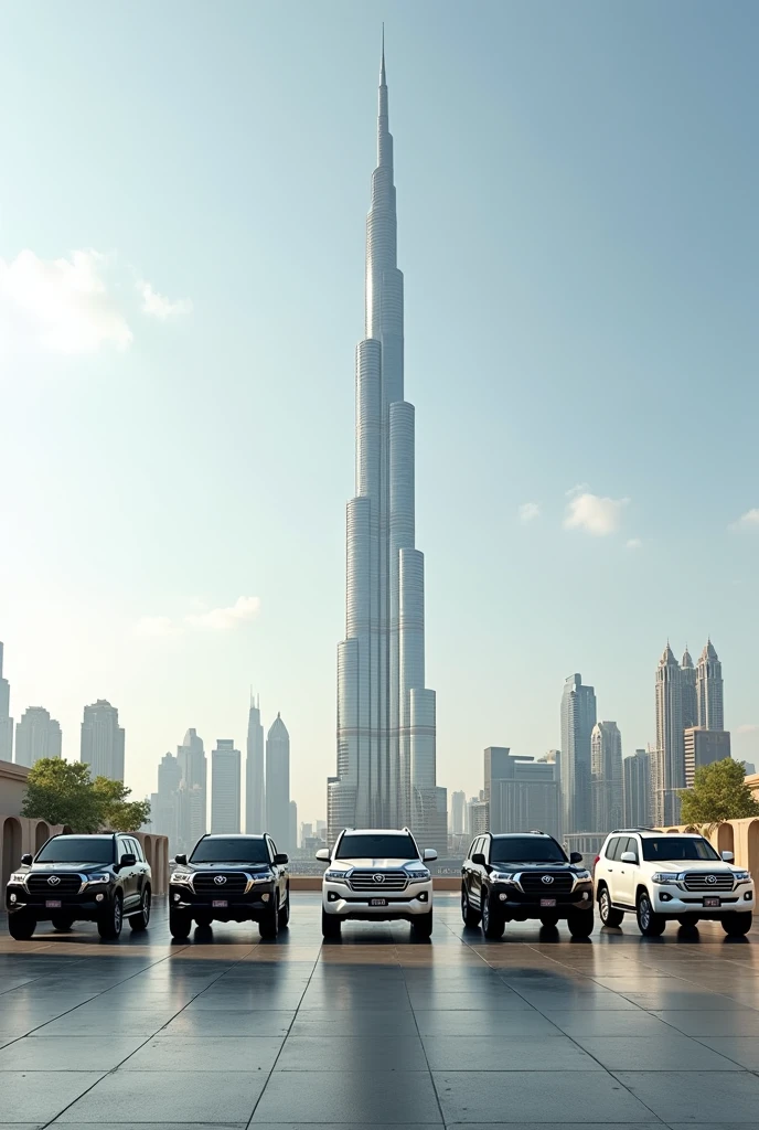 10 land cruiser car in front of burj khalifa