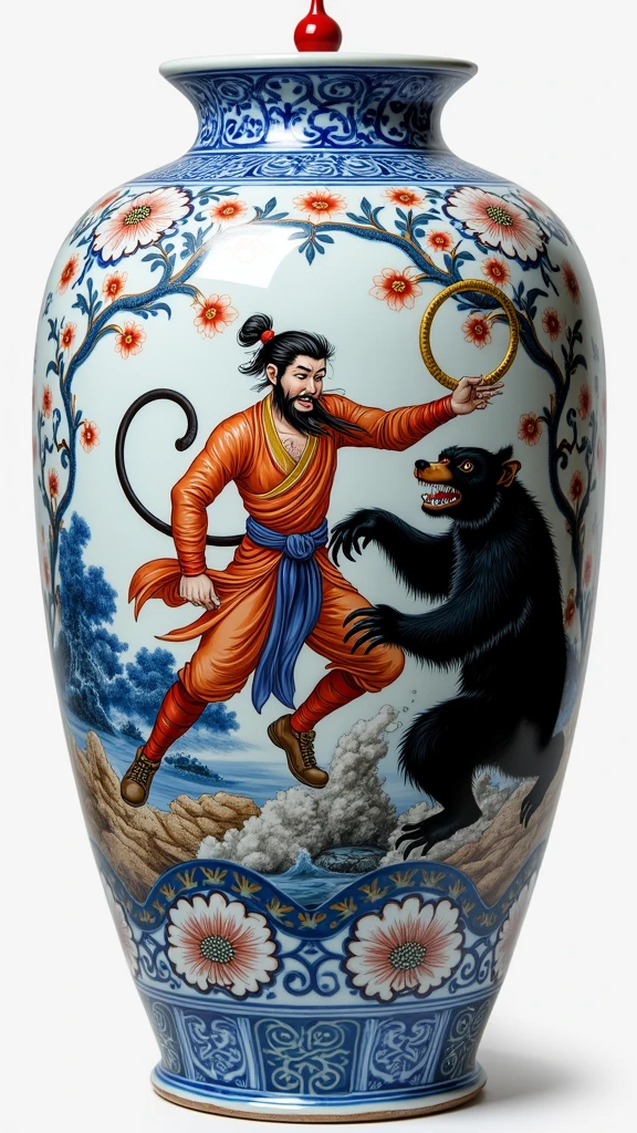 Jingdezhen ceramics，Vibrant and gorgeous ceramic water tank，Detailed illustration of Sun Wukong holding the golden hoop and fighting the black bear demon，Reference Black Myth wukong，Blue and white porcelain，Blue with white and red accents，Complex design，Intricate details，Elegant background，Design process