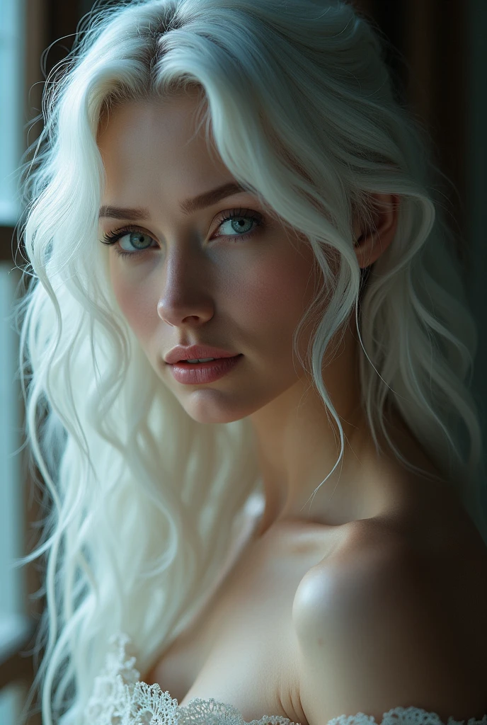 Best quality, masterpiece, ultra high res, (photorealistic: 1.4), raw photo, 1girl, off shoulder, cinematic lighting, kiss poses, heterochromia, white hair, white hair