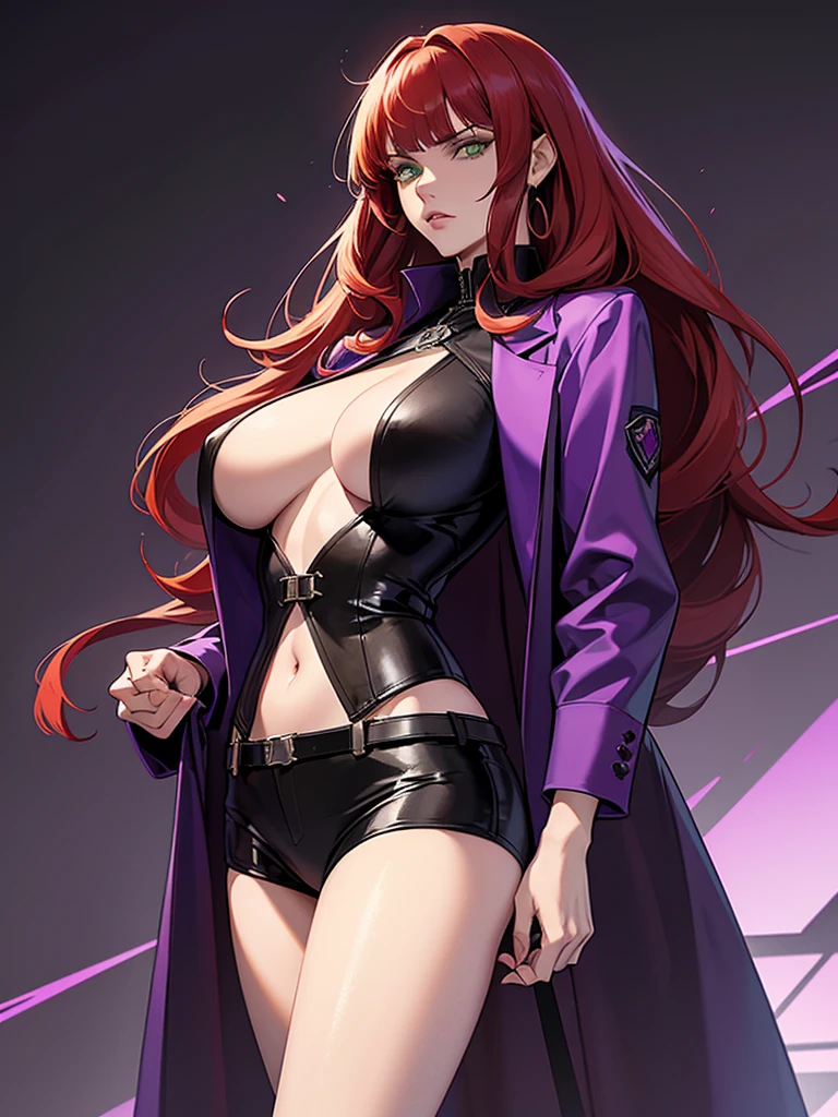 green eyes, red hair with long bangs, noble. sadistic women, wavy long hair. strong woman. purple jacket. she quiet. wear purple and black outfit. dominant woman. mafia. mature woman. girl boss. badass woman. gangster. hair so long have bangs. 