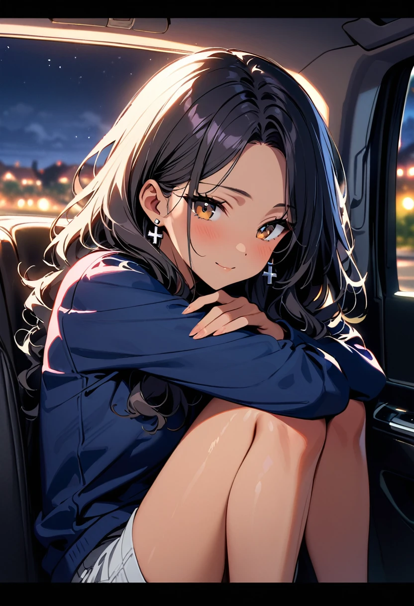 (masterpiece, best quality:1.3), a young woman, 19-years-old, solo, mature face, average height, tan skin, slender figure, (long black wavy hair that's parted in the middle, no bangs:1.2), brown eyes, warm smile, dark blue hoodie, small silver cross-shaped earrings, light grey shorts, suburbs, night, sitting in the backseat of a car, knees up, hugging knees, head resting on knees