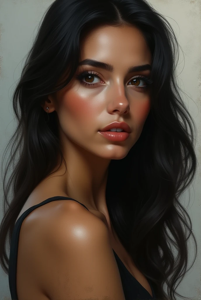 A petite woman with long hair, dark skin, thin, and thin eyebrows.