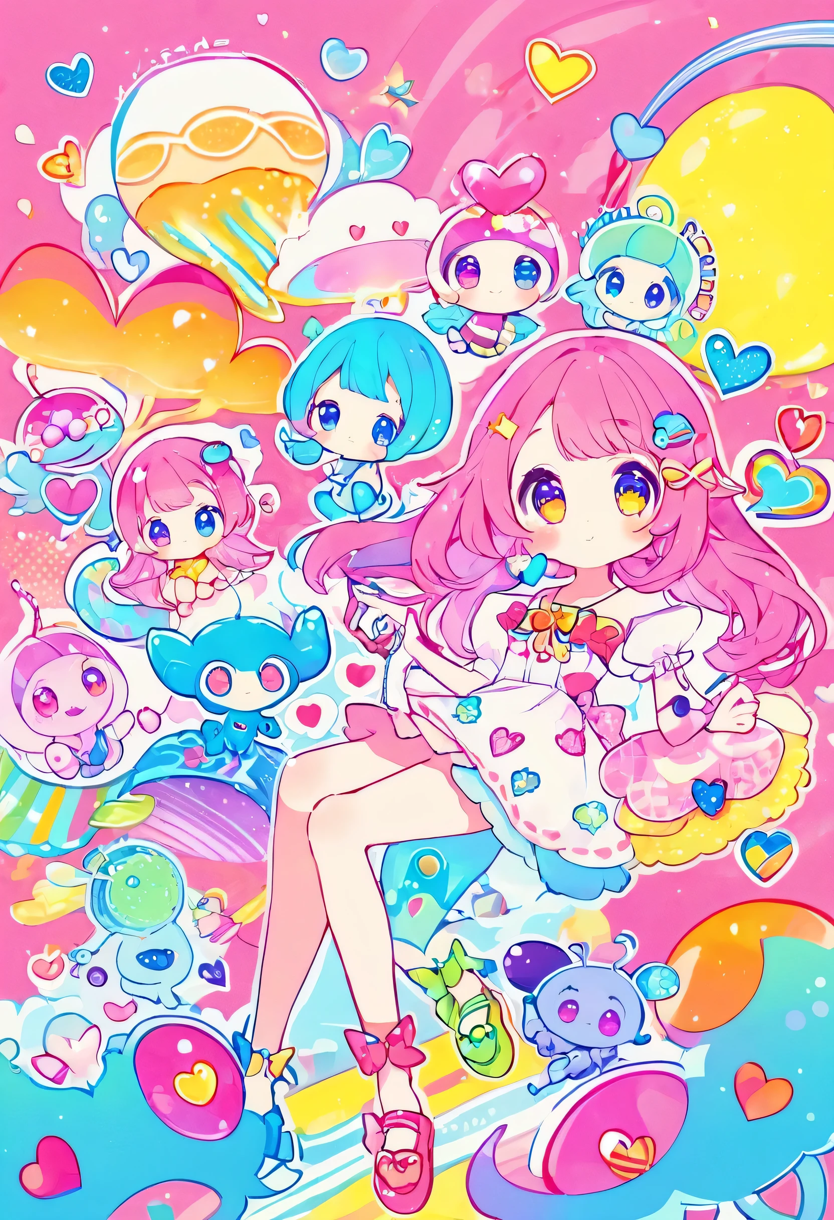 Makoto Shinkai colorful style, Simple Line Initialism,Abstract art,Kawaii Design, The most beautiful girl of all time、chibi, (((Cute Aliens))), colorful hearts, summer version