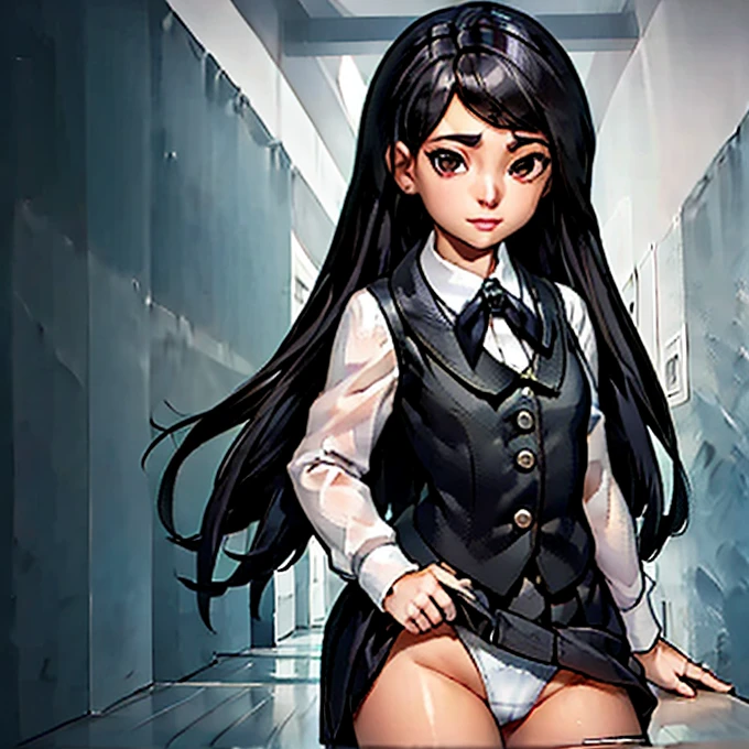 masterpiece, high quality, full length girl, in a school skirt and white tights, beautiful figure, slender legs, thin waist, black hair, shirt & vest, stands in the classroom, sexy legs, bulging big breasts, girl lifts her skirt to her panties, 