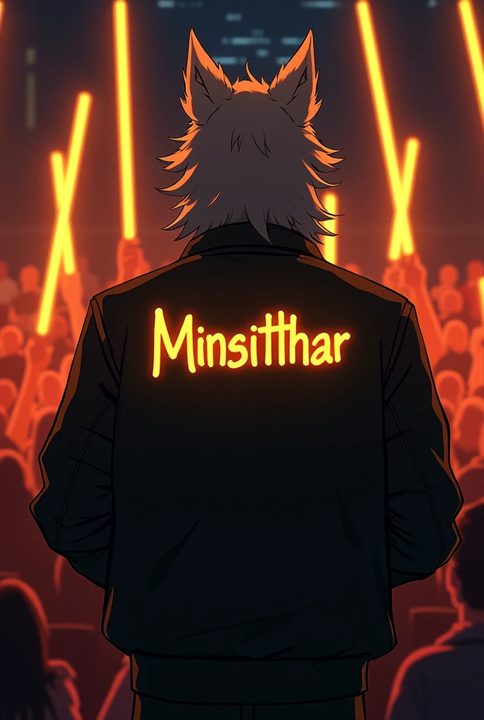 Man standing with his back to the camera wearing a jacket, behind the jacket is the name Minsitthar (the color of the name is gold and the font is "Disco Diva"),

It has to be anime

He is 2, has skin-colored hair and wolf ears.

Background and an audience in the dark holding yellow or red lighting rods