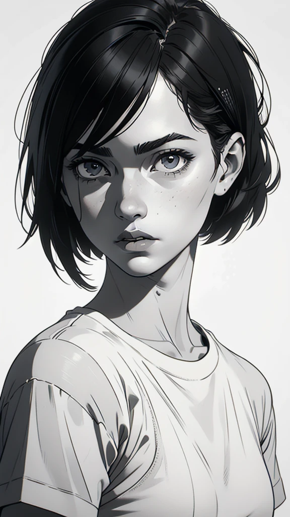 1 boyish girl, solo, sharp eyes, monochrome, greyscale, short black hair, portrait, blank white T-shirt, Thin eyebrows, closed mouth, looking at viewer, graphite \(medium\), detailed lips, hatching \(texture\), without makeup, bangs, upper body, (best illustration), (best quality), (very detailed), (masterpiece), expressionless,