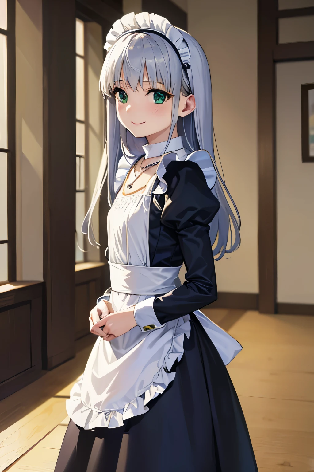 Long silver hair, green eyes, headband, necklace, small, maid dress, beautiful thighs, smile, happy, inside house