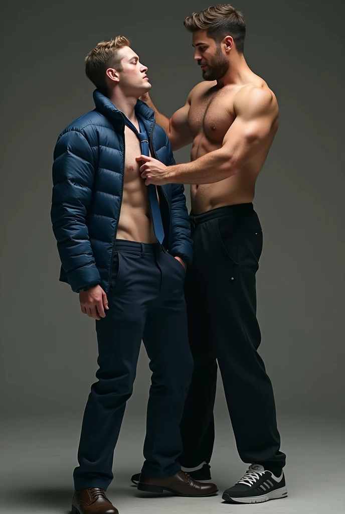 ATTENTION: (((*TWO MALES HANDSOME MAN TOGETHER*))) IN HIGH REALISTIC RAW IMAGE. Man A 4, exceptionally handsome man with light-colored eyes and short, thinning hair. He is (((dressed a pants, formal shoes, and an open, *extremely shiny blue nylon puffer jacket* that reveals his hairy chest and slightly prominent belly))). He is (((positioned on all fours))), with his head slightly raised as his necktie is being pulled by the domineering handsome man B. His is (((expressing deep humiliation and forced submission by the bad Man B, 3))), man with short hair, light skin, and a robust natural and hairy chest with a slightly prominent belly. He is (((wearing sports pants and sneakers, with no shirt, exposing his upper body))). Standing next to humiliating Man A, he grips the colar animal with a smug, dominant expression, (((pulling it to lift Man A’s head toward the camera))).
ATTENTION: extremely ultra mega high ACCURATE IMAGE. High resolution, Best quality, High details, HD model, Anatomically correct, Accurate. ATTENTION: (((*TWO MALES HANDSOME MAN TOGETHER*))).