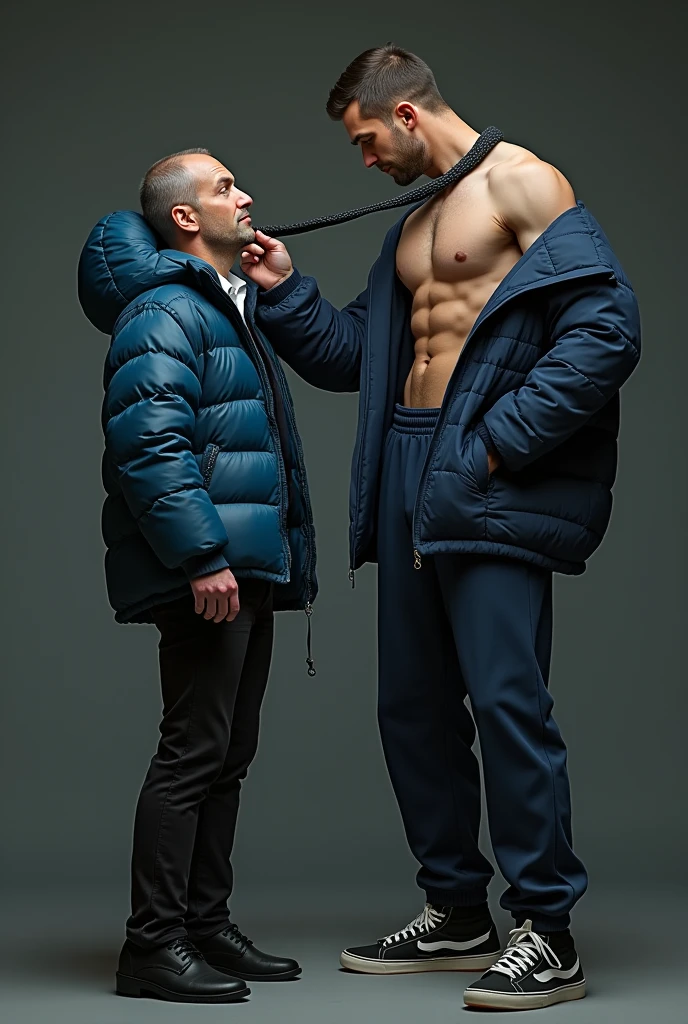 ATTENTION: (((*TWO MALES HANDSOME MAN TOGETHER*))) IN HIGH REALISTIC RAW IMAGE. Man A 4, exceptionally handsome man with light-colored eyes and short, thinning hair. He is (((dressed a pants, formal shoes, and an open, *extremely shiny blue nylon puffer jacket* that reveals his hairy chest and slightly prominent belly))). He is (((positioned on all fours))), with his head slightly raised as his necktie is being pulled by the domineering handsome man B. His is (((expressing deep humiliation and forced submission by the bad Man B, 3))), man with short hair, light skin, and a robust natural and hairy chest with a slightly prominent belly. He is (((wearing sports pants and sneakers, with no shirt, exposing his upper body))). Standing next to humiliating Man A, he grips the colar animal with a smug, dominant expression, (((pulling it to lift Man A’s head toward the camera))).
ATTENTION: extremely ultra mega high ACCURATE IMAGE. High resolution, Best quality, High details, HD model, Anatomically correct, Accurate. ATTENTION: (((*TWO MALES HANDSOME MAN TOGETHER*))).