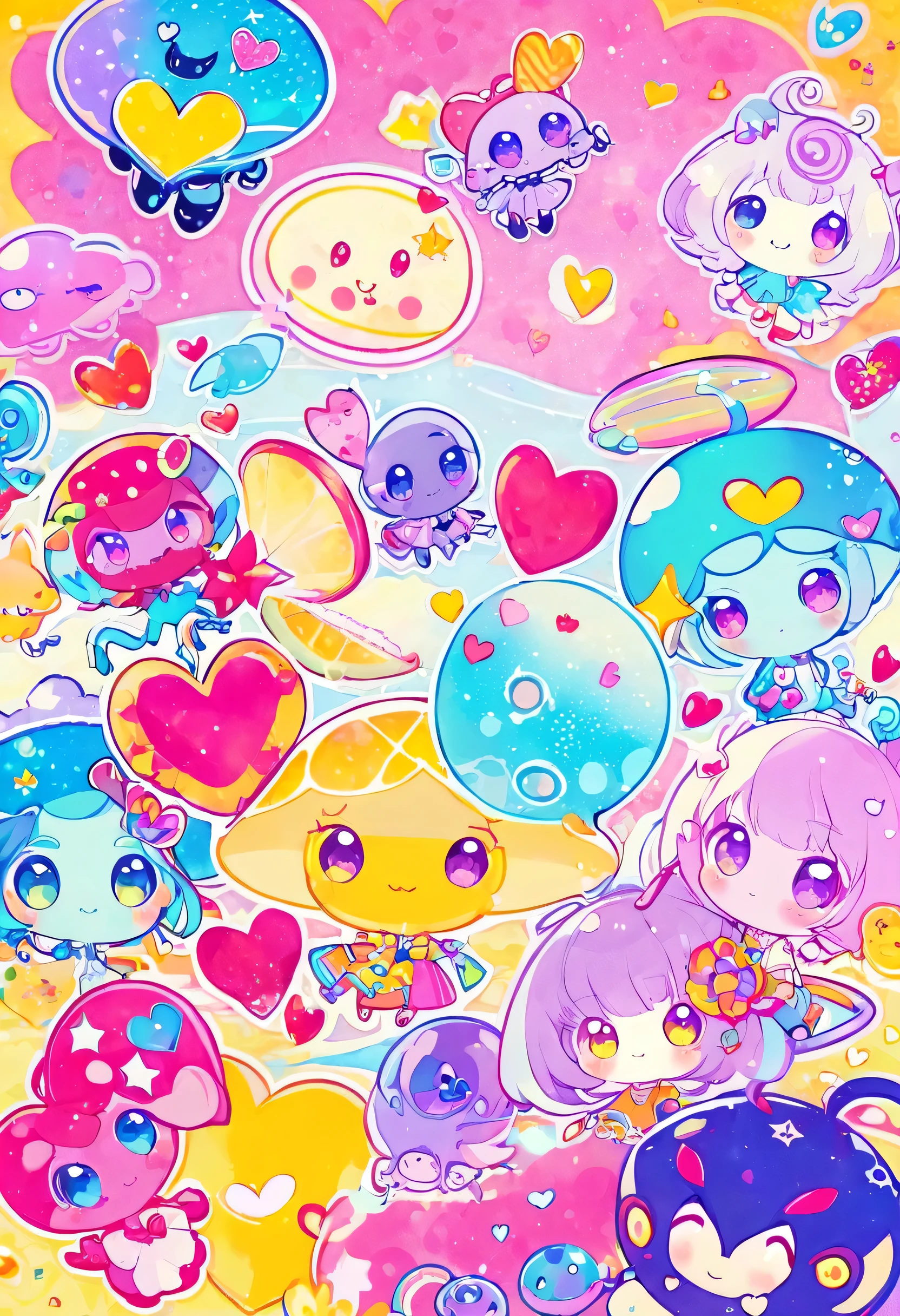 Makoto Shinkai colorful style, Simple Line Initialism,Abstract art,Kawaii Design, The most beautiful girl of all time、chibi, (((Cute Aliens))), colorful hearts, summer version