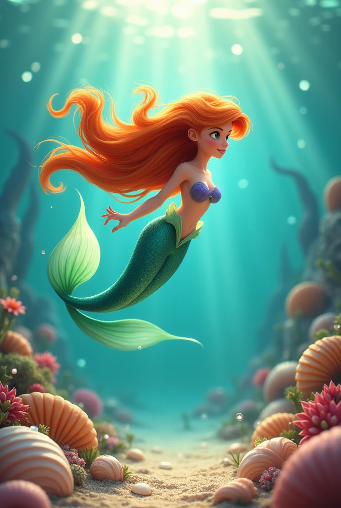 Animated mermaid whit long orange hair and green tail swimming and looking on seashells and pearls