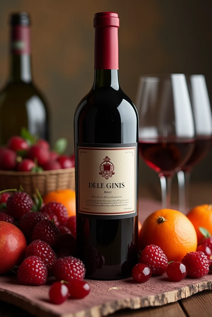 image d'une bouteille de vin rouge avec le plus de sensations représentant le plaisir de bouche l'art culinaire à la française plein de fruits et nourriture
