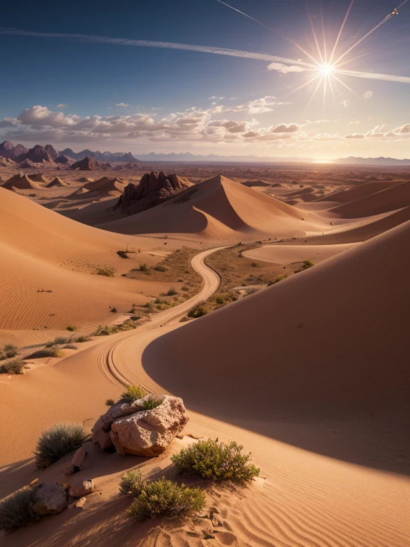 Masterpiece,best composition,highest quality,desert landscape,clear,sun,detailed digital art.